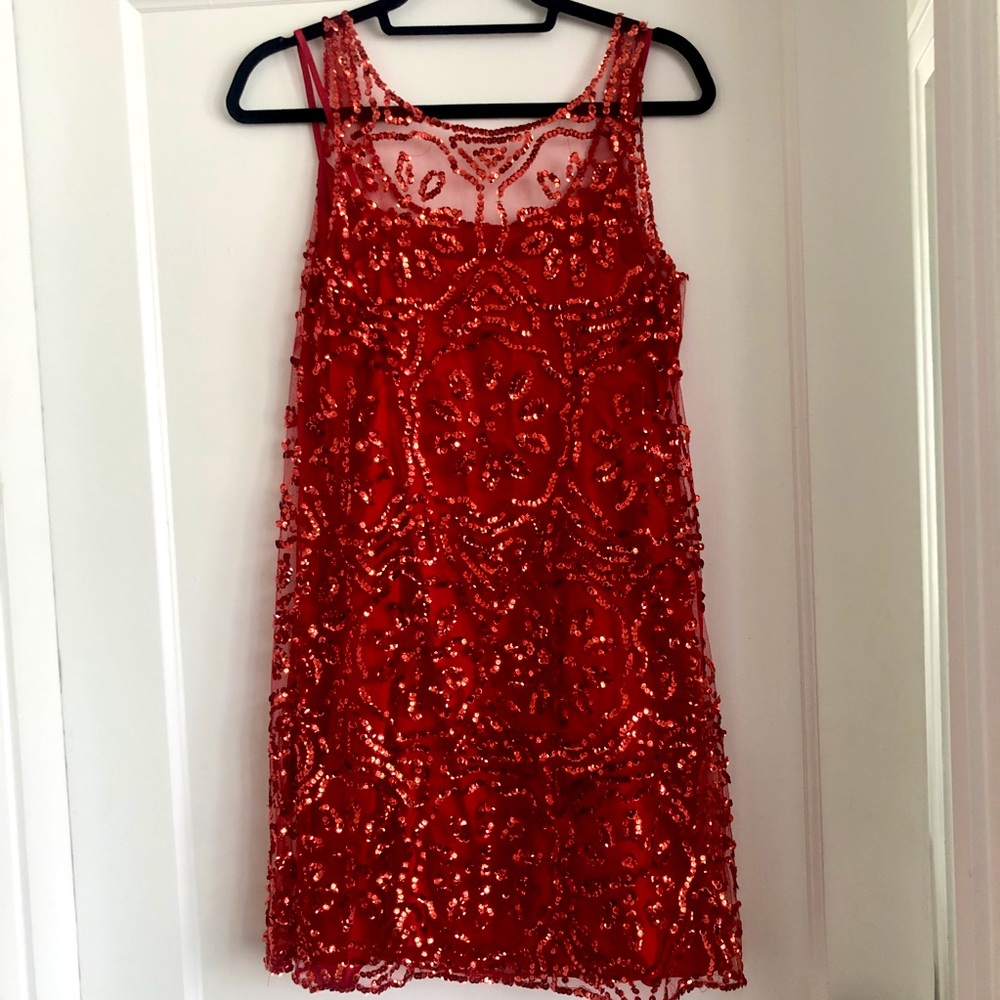 Red Sequin Short Sleeve Dress
